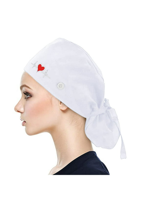 Nurse Hat,Baseball Cap,Scrub Cap With Buttons Bouffant print Hat With Sweatband for Womens and Mens,Scrub Caps,Surgical Caps,Hats For Men,White