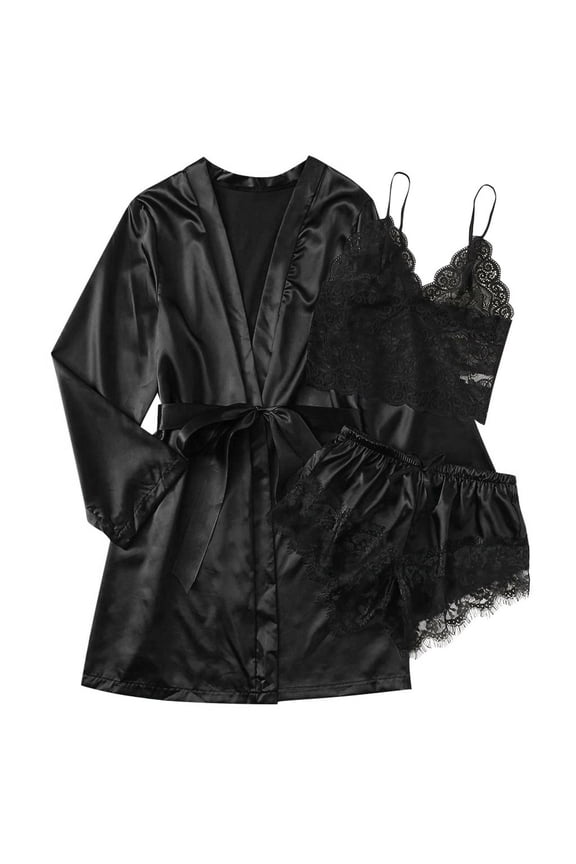 Pajama Sets for Women 2 Piece,Silk Pajamas,Sleepwear Polyester Lace Daily Woman,Satin Pajama Set,Pj Sets, Pajama,Black,M