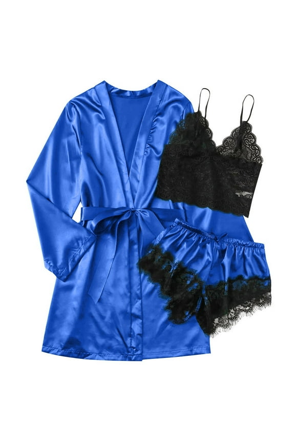 Pajama Sets for Women 2 Piece,Silk Pajamas,Sleepwear Polyester Lace Daily Woman,Satin Pajama Set,Pj Sets, Pajama,Blue,L