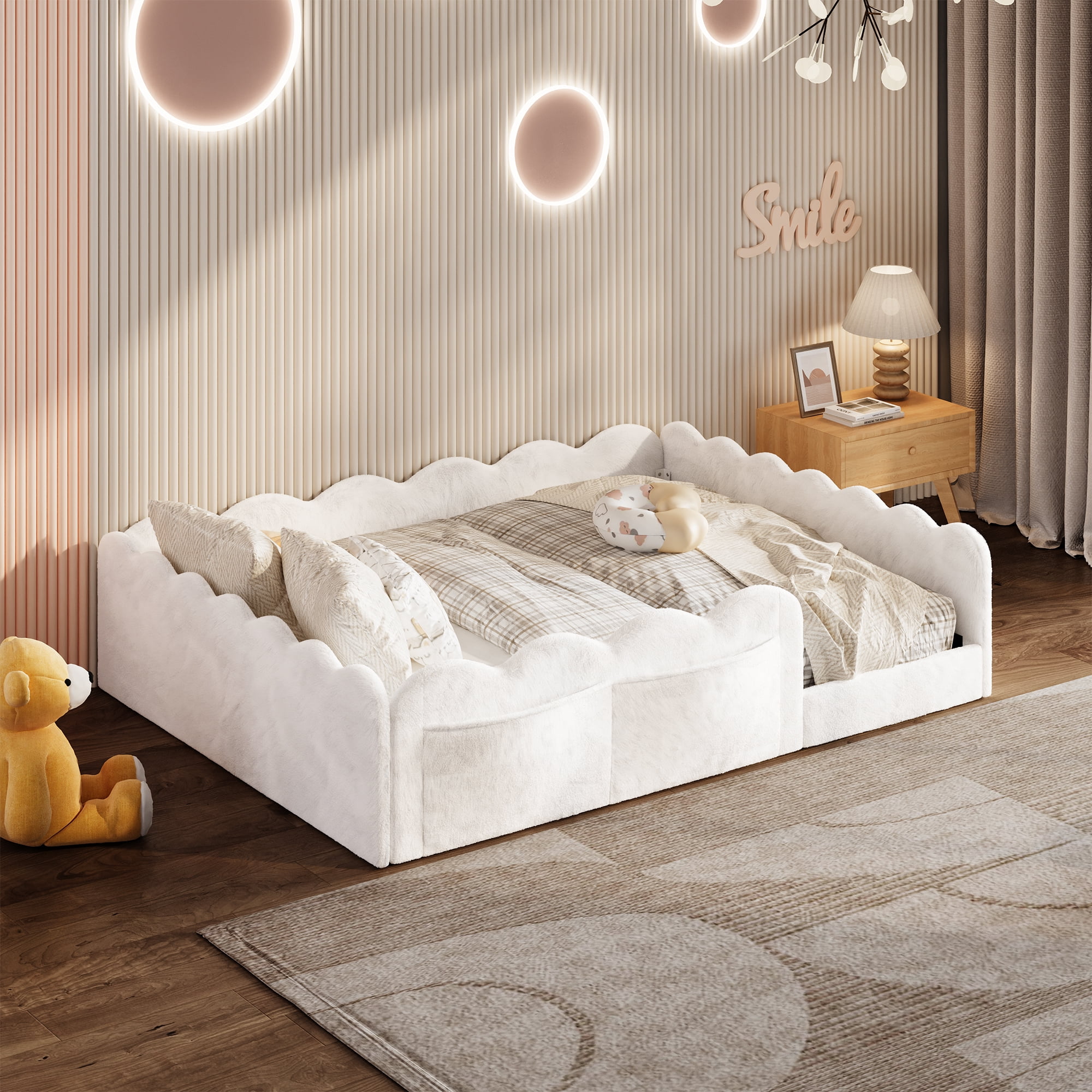 HanuQ Full Upholstered Floor Bed with Wave Guardrails, Plush Fabric ...