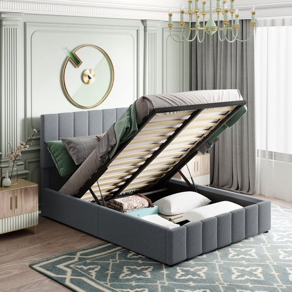 HanuQ Full Upholstered Platform Bed with Hydraulic Storage, Sturdy Frame with 12 Slats, Elegant Linen Design No Box Spring Needed, Gray