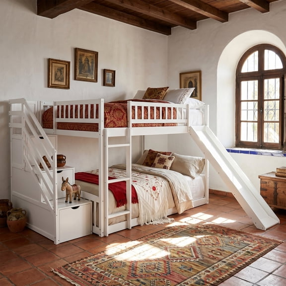 HanuQ Full over Full Stairway Bunk Bed with Drawers and Slide, Solid Wood Frame with Guardrails, Space-Saving Design No Box Spring, White