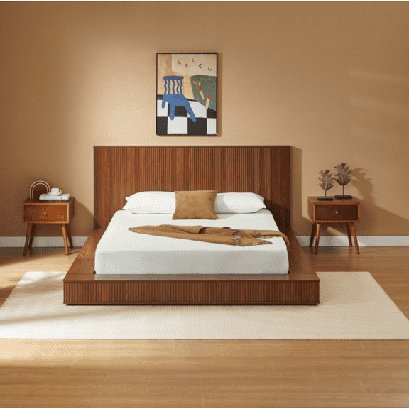 HanuQ Queen Low Profile Platform Bed with Vertical Fluted Headboard, Solid Wood Frame Japandi Style Floor Bed, No Box Spring Needed, Walnut