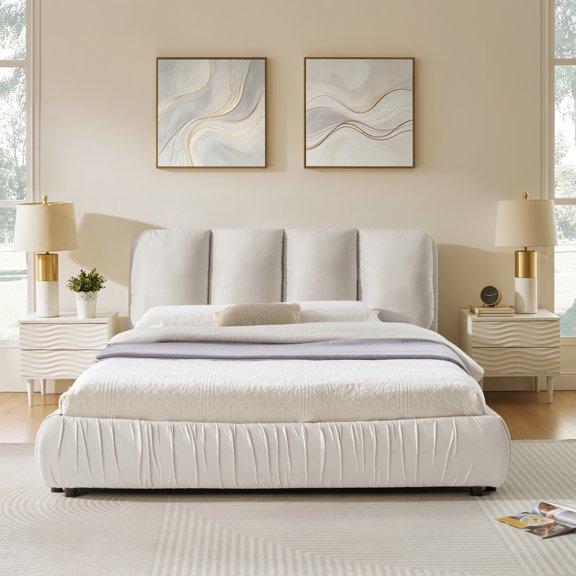 HanuQ Queen Upholstered Bed Frame with Segmented Plump Headboard, Modern Minimalist Style Shiny Velvet Sturdy Leg Support, No Box Spring, Beige
