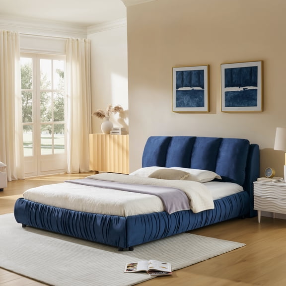 HanuQ Queen Upholstered Bed Frame with Segmented Plump Headboard, Modern Minimalist Style Shiny Velvet Sturdy Leg Support, No Box Spring, Dark Blue