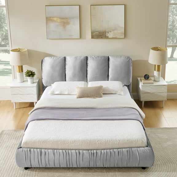 HanuQ Queen Upholstered Bed Frame with Segmented Plump Headboard, Modern Minimalist Style Shiny Velvet Sturdy Leg Support, No Box Spring, Gray