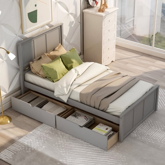 HanuQ Twin Size Platform Storage Bed with 2 Drawers on Wheels, Solid Wood Frame with Sturdy Slats, Space-Saving Design No Box Spring, Gray