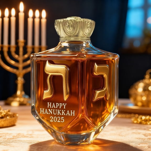 Hanukkah 2025 Dreidel Whiskey Bottle, Decanter Engraved with Traditional Dreidel Symbols, Hanukkah Limited Edition Bottles, Crown Cap Menorah Decoration, Jewish Collectible Gift for Festival