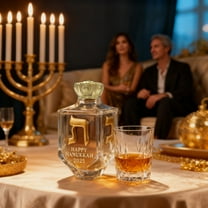 Hanukkah 2025 Dreidel Whiskey Bottle Judaica Glass Liquor Decanter with Golden Hebrew Letters Crown Cap Menorah Decoration Jewish Collectible Gift for Festival Home Bar Display Edition Holiday