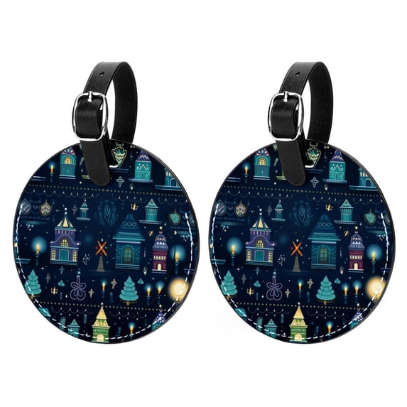 Hanukkah 2pcs PU Leather Round Bag Tags with Privacy Cover and Name ID Tag - Suitcase Tags for Travel Luggage, Handbags, Backpacks, School Bags
