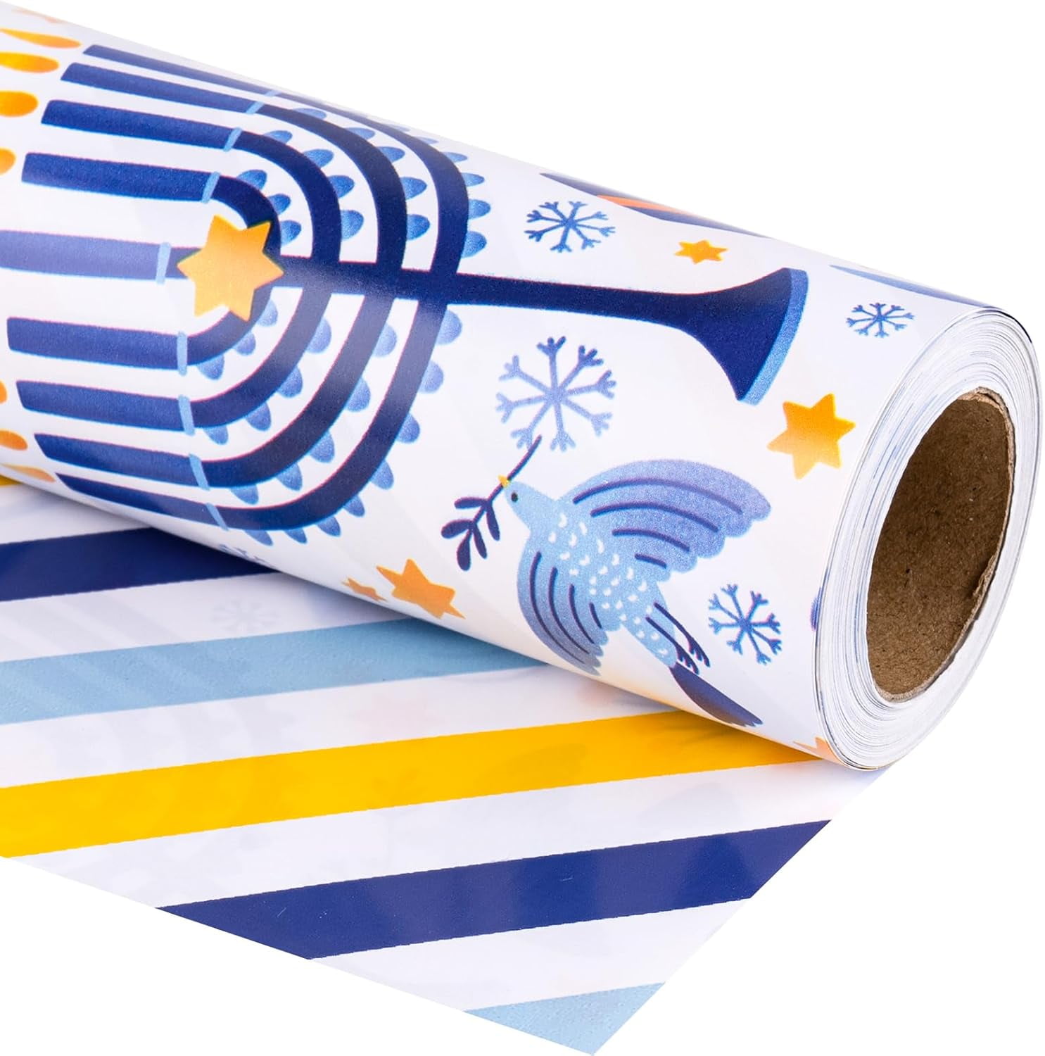 Hanukkah Blue Wrapping Paper Roll, Menorah Dreidel Donut, Stars of David Elements & Blue Yellow Stripe Reversible Design for Hanukkah, Jewish Holiday Party, 17 inches x 32.8 Feet
