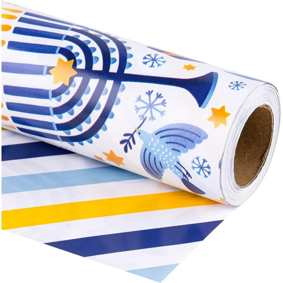 Hanukkah Blue Wrapping Paper Roll, Menorah Dreidel Donut, Stars of David Elements & Blue Yellow Stripe Reversible Design for Hanukkah, Jewish Holiday Party, 17 inches x 32.8 Feet