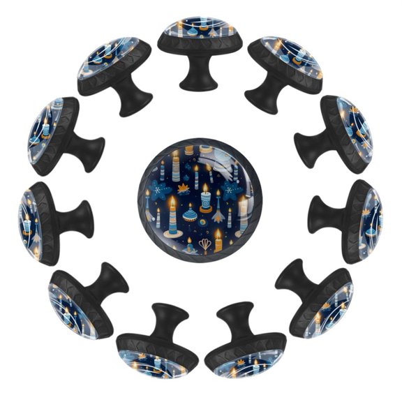 Hanukkah Candle Pattern 35MM Round Glass Cabinet Knobs, Kitchen Knobs for Drawer Dresser Cupboard Wardrobe Modern Pulls Handles Hardware, Set of 12
