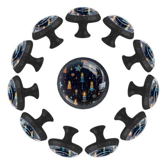 Hanukkah Candle Pattern 35MM Round Glass Cabinet Knobs, Kitchen Knobs for Drawer Dresser Cupboard Wardrobe Modern Pulls Handles Hardware, Set of 12