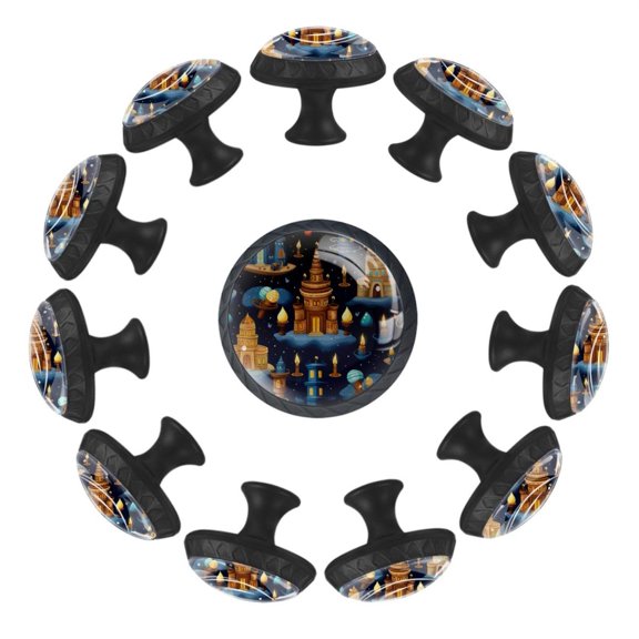 Hanukkah Candle Pattern 35MM Round Glass Cabinet Knobs, Kitchen Knobs for Drawer Dresser Cupboard Wardrobe Modern Pulls Handles Hardware, Set of 12