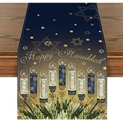 Hanukkah Candles Menorah Linen Table Runners Chanukah Kitchen Dining Table Decoration for Outdoor Party Dustproof Table Runner