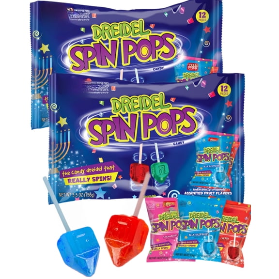 Hanukkah Candy Dreidels for Kids, Dreidel Spin Pops, Individually Wrapped Assorted Fruity Flavors (12 Pcs Per Pack) Hanukah Party Favors, Happy Chanuka Sweet Treat & Gifts - Kosher Parve
