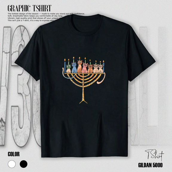 Hanukkah Cat Menorah Funny Meowzel Cute Festival Blue Holiday Art Unisex T-Shirt, up to size 5XL