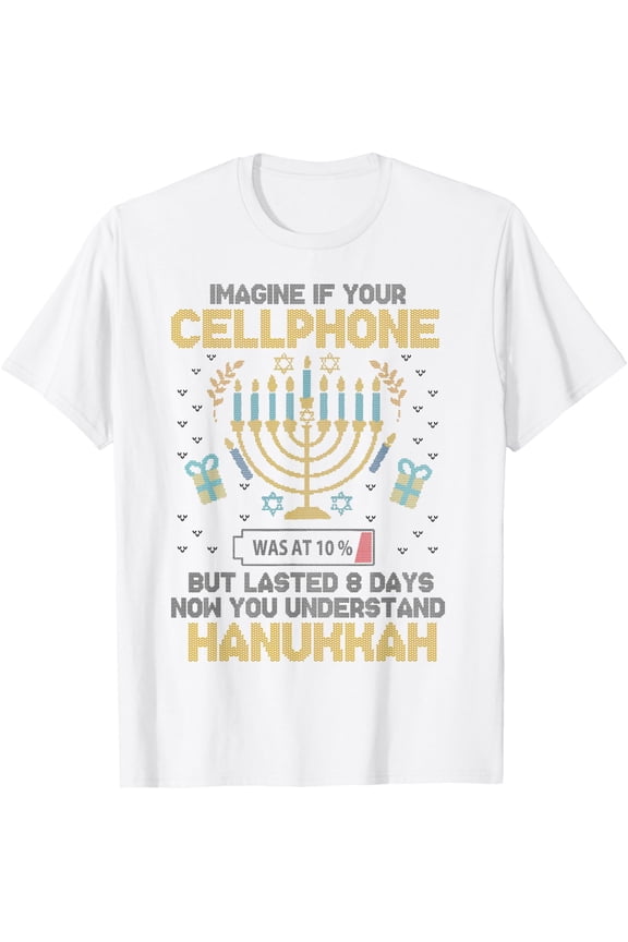 Hanukkah Cellphone Ugly Chanukkah Sweater Funny Jewish Gift T-ShirtMen and women can wear white T-shirts, gifts. Age: M,，L，XL，2XL,3XL, 90XL