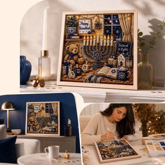 Hanukkah DIY Beaded Art Kit 7.9" Teddy Bear Menorah Pearl Craft Set for Adults