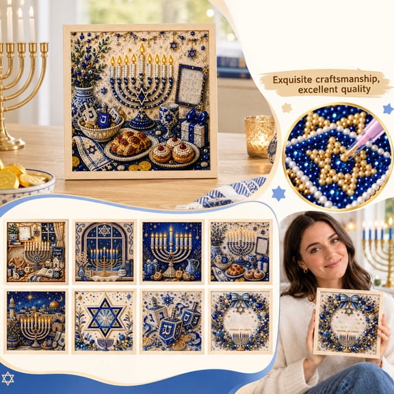 Hanukkah DIY Diamond Painting Kit 20cm, Blue Lovers Holiday Craft Set for Wall & Tabletop Decor, Plastic (Sold Individually)