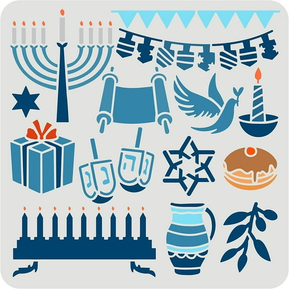 Hanukkah Decor Stencil 11.8x11.8 inch Candlestick Stencils Plastic Gift Box Dove of Peace Cake Stencils Candle Olive Branch Milk Bottle Scroll