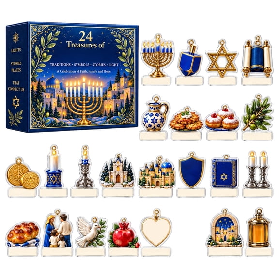 Hanukkah Decorations Advent Calendar 24 Treasures 10.24 x 7.09 Inches, with Menorah, Dreidel And Star Charms, Suitable for Mantel Plus Window Decor.