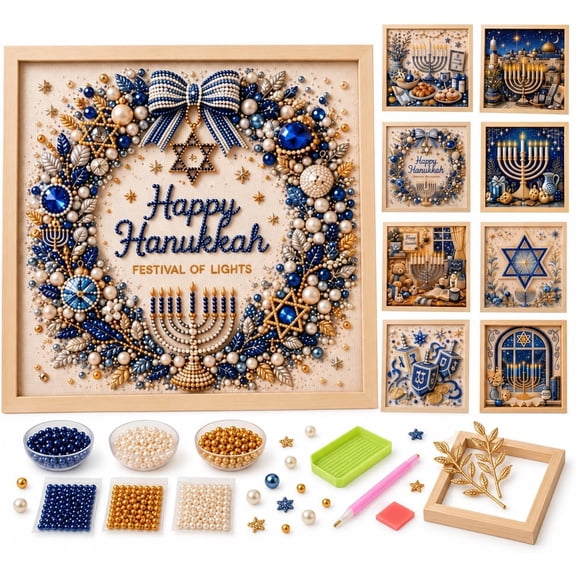 Hanukkah Diamond Art Kit, 3D Pearl Painting Craft with Pre Printed Canvas, Relaxing Holiday Project for Adults.