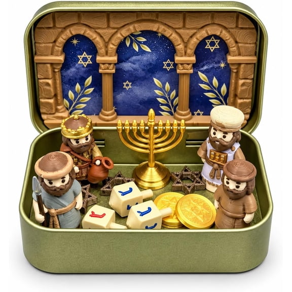 Hanukkah Diorama Menorah Scene, Golden Keepsake Tin Miniature Holiday Decor