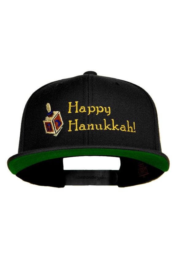 Hanukkah Dreidel Embroidered Wool Blend Snapback Cap - Black OSFM