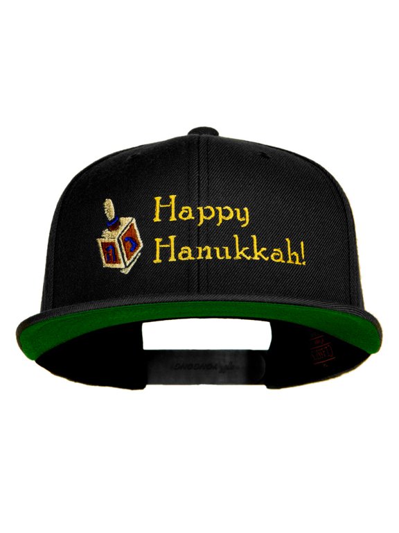 Hanukkah Dreidel Embroidered Wool Blend Snapback Cap - Black OSFM