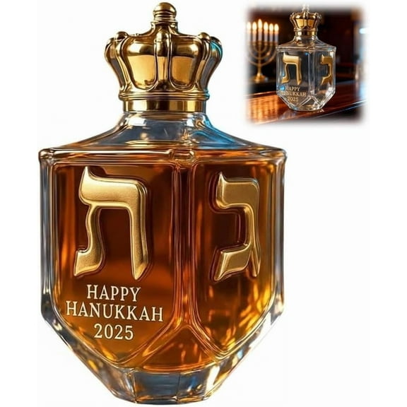 Hanukkah Dreidel Whiskey Bottle & Judaica Glass Liquor Decanter with Golden Hebrew Letters, Crown Cap Menorah-Style Decoration, Jewish Festival Collectible Gift for Home Bar Display