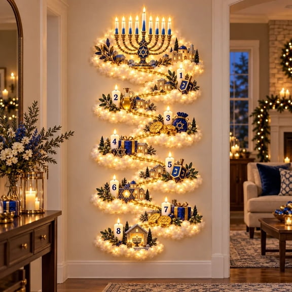 Hanukkah Festival of Lights Wall Decor, Lighted Hanukkah Wall Hanging with Warm Golden Glow, 1 Piece, Choose Your Design
