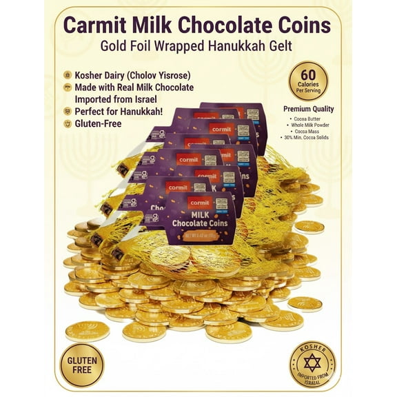 Hanukkah Gelt Chocolate Coins, Gold Foil Individually Wrapped, 12 Count