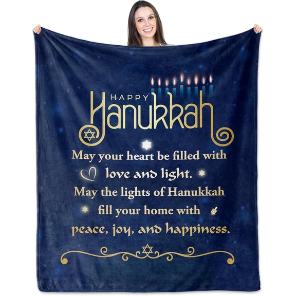 Hanukkah Gifts, Jewish for Adults, Kids, Family, Soft Menorah Throw Blanket with Dreidel & Star of David Design, Hanukkah Blessing Blanket 50"x60", Chanukah Gift