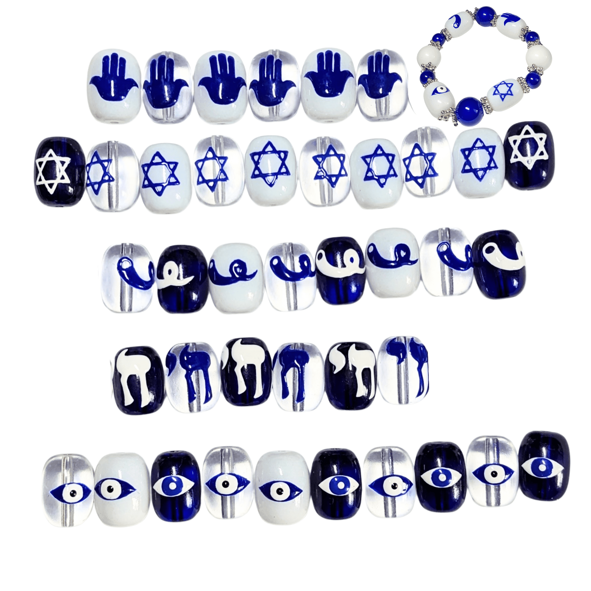 Hanukkah Glass Beads For Bracelet Making, Blue Clear Sameach Craft DIY Jewelry Supplies, Gift For Beader, 40 pcs