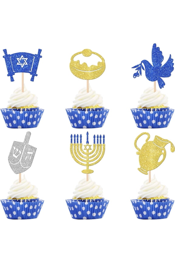 Hanukkah Glitter Cupcake Toppers, Menorah, Dreidel, Star of David Picks, Chanukah Holiday Party Decorations, 12 PCS