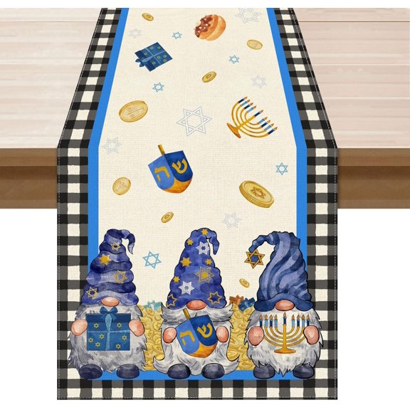 Hanukkah Gnomes Dreidel Chanukah Menorah Chocolate Gelt Table Runner Table Decoration for Party Home Kitchen Dining Holiday Decor 13x48 Inch