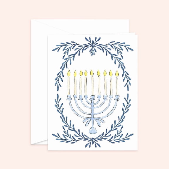 Hanukkah Greeting Card, Watercolor Menorah Illustration with Blue Botanical Leaf Border, Festival of Lights Holiday Stationery for Friends and Family, Folded Notecard
