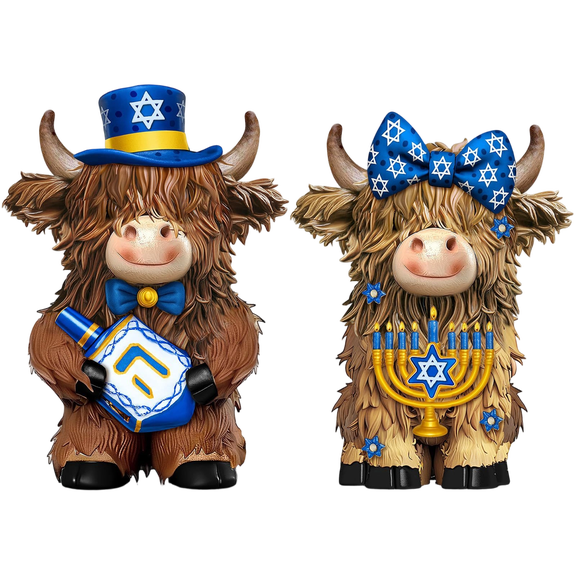 Hanukkah Highland Cow Figurines Decor,Highland Cow Statue Figurines Blue Hanukkah Decorations Indoor For Office Home Desk Hanukkah Celebrations(2Pcs)