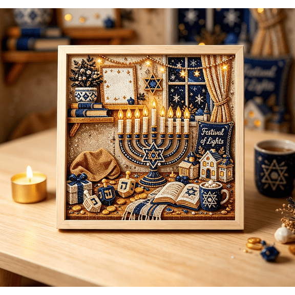 Hanukkah Holiday 2D Full Drill Diamond Painting Kit DIY Rhinestone Art Set with Wreath Bow Menorah Star Elements for Table Decor Festival Craft Activity (F)