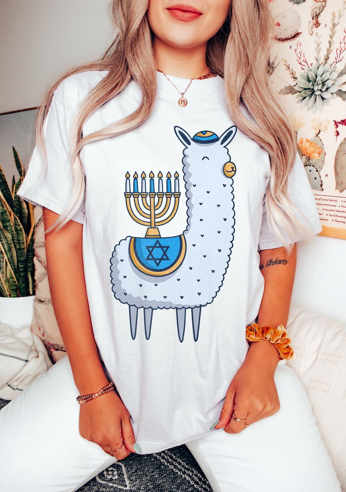 Hanukkah Llama Shirt Cute Jewish Holiday Menorah Design Unisex Cotton T ...