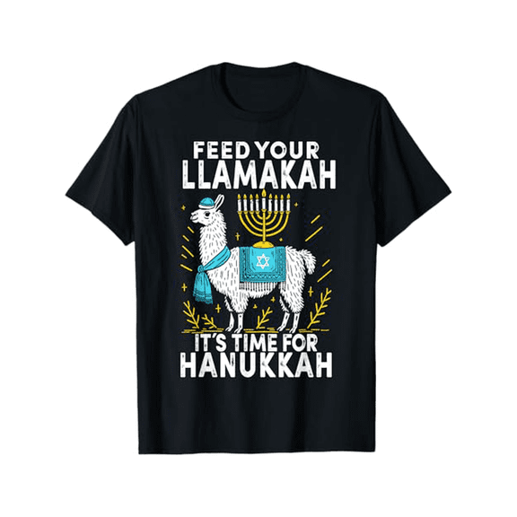 Hanukkah Llama T-Shirt, Men'S Funny Llama Pajama Top, 100% Cotton, Regular Fit, Stretch, Round Neck, Printed, Black, Sizes S-XXXL, Seasonal Clothing