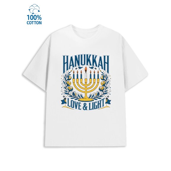 Hanukkah Love & Light men's Hanukkah 180G 100% Cotton white Jewish fun Fashion Unisex Shirt Graphic tshirts Casual Unisex Shirt Short Sleeve tshirts