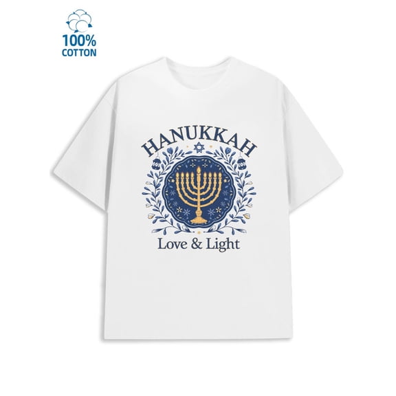 Hanukkah Love & Light mens Hanukkah 180G 100% Cotton white Jewish Hopeful Unique Design Unisex Shirt Short Sleeve tshirts Vintage Unisex Shirt Printed tshirts