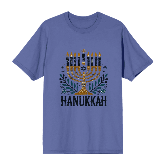 Hanukkah Menorah Adult Blue Crew Neck Short Sleeve Tee-Medium