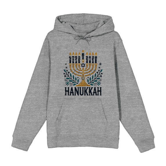 Hanukkah Menorah Adult Heather Gray Long Sleeve Hoodie-Medium
