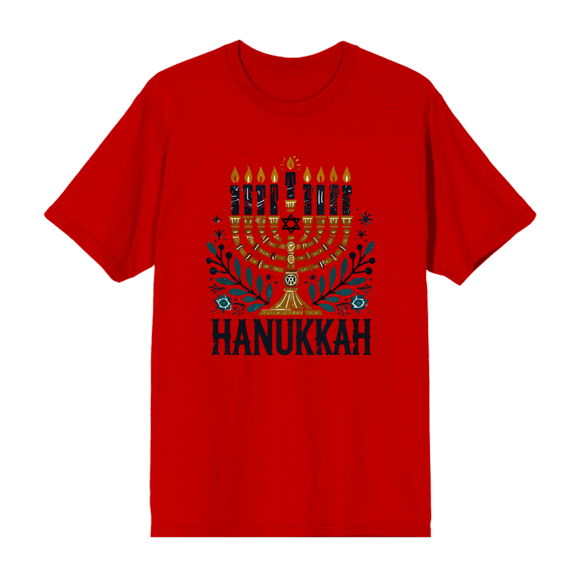Hanukkah Menorah Adult Red Crew Neck Short Sleeve Tee-XXL