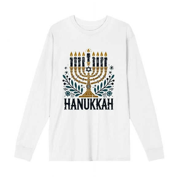 Hanukkah Menorah Adult White Crew Neck Long Sleeve Shirt-Small
