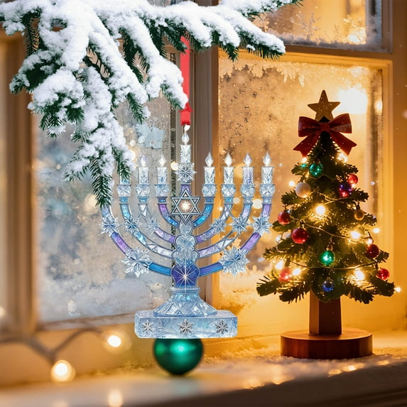 Hanukkah Menorah Decoration, LED Light-Up Judaica Ornament, Blue and Purple Snowflake Design, Elegant Crystal Star of , Holiday Candle Holder for Hanukkah Celebration